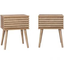 Lot de deux tables de chevet style scandinave décor bois avec tiroir rainuré et pieds compas