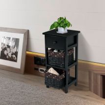 Lot de 2 Tables de Chevet Table de Nuit avec 1 Tiroir et 2 Panier d'Osier Amovible Cadre en Bois de Paulownia Style Vintage Rustique Noir CW27001