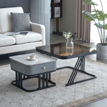 Modernluxe - Lot de 2 tables gigognes avec un tiroir - recouverte de verre et de marbre - Gris