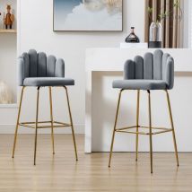 Retrok - Lot de 2 Tabourets de Bar, Chaise de Bar - Assise Rembourrée en Velours avec Pieds et Repose-Pieds en Métal - Gris - grey