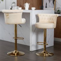 Hauss Spole - Lot de 2 tabourets de bar, chaise réglable en hauteur, pivotants à 360°, cuisine/salle à manger/salon, velours, beige