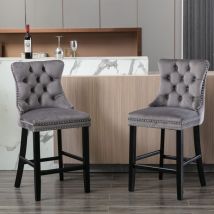 2er Set Barhocker Aus Samt - Chesterfield Design Mit Nieten & Griffring Am Rücken - Beine Aus Massivholz - Sitzhöhe 67cm, Grau