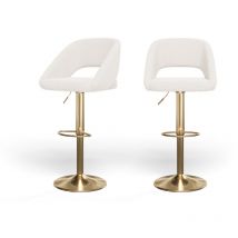 Baïta - Lot de 2 tabourets de bar lenny en tissu bouclette blanc piètement en métal doré
