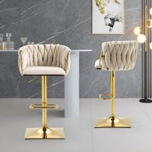 Tanant - Lot de 2 Tabourets de bar pivotants à 360° en velours - Tabourets de bar scandinave, avec dossier tressé et repose-pieds, Hauteur réglable