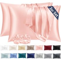 Lot de 2 taies d'oreiller en satin 50x70 pour cheveux, similaire à une taie d'oreiller en soie, taie d'oreiller rose50x70 et 2 bandeaux en satin
