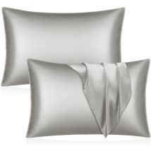Lot de 2 taies d'oreiller en satin - Taie d'oreiller grise pour cheveux et peau Taille standard avec fermeture enveloppe, 51 x 66 cm