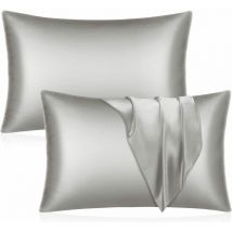 Lot de 2 taies d'oreiller en satin - Taie d'oreiller grise pour cheveux et peau Taille standard avec fermeture enveloppe, 51 x 76 cm