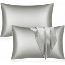 Lot de 2 taies d'oreiller en satin - Taie d'oreiller grise pour cheveux et peau Taille standard avec fermeture enveloppe, 51 x 76 cm