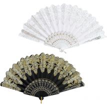 Lot de 2 Éventails Pliants Vintage pour Mariage, Fête et Décoration (Blanc + Noir)