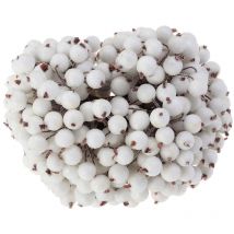 Lot de 200 mini fleurs artificielles de Noël givrées, baies, houx, décoration (blanc)