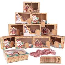 Umnuou - Lot de 24 Boîtes Cadeau de Noël en Papier Kraft avec Fenêtre, avec ficelle, Sac Cadeau Noël pour emballage cadeau, bonbons, chocolats,