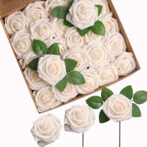 Lot de 25 roses artificielles en mousse, aspect réaliste, couleurs rose poudré, avec tiges, pour bouquets de mariage, centres de table, compositions