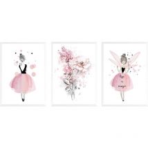 Lot de 3 Affiches 30x40 Fille Chambre d'enfant Rose Tableaux Décorations Murales Peinture sur Toile Cadeaux Anniversaire NPTWC003-M