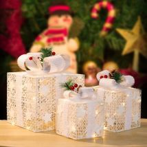 Coocheer - Lot de 3 boîtes cadeaux blanches,Coffrets cadeaux éclairés,pelouse de jardin,Boîtes Décoratives en Fer Freestanding avec Conception