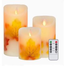 Lot de 3 bougies led en forme de feuille d'érable, blanc chaud, sans flamme, alimentées par piles, avec mèche vacillante, avec télécommande et