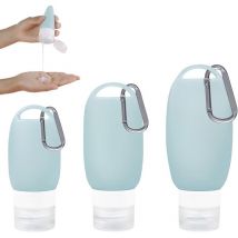Lot de 3 bouteilles de voyage en avion, 40 ml, 60 ml, 90 ml, en silicone anti-fuite avec mousqueton, pour lotion, rinçage, gel douche, sans bpa