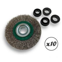 Kibros - Lot de 10 brosses circulaires inox ø 100 mm Epaisseur 2 rangs Fil dur 0.30 mm ondulé Alésage 16 mm Touret meuleuse affûteuse ponceuse