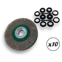 Kibros - Lot de 10 brosses circulaires inox ø 175 mm Epaisseur 2 rangs Fil dur 0.30 mm ondulé Alésage 32 mm + réducteur bague 25/22/20/16/12 mm