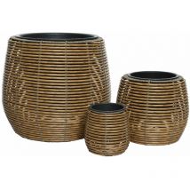 Jardideco - Lot de 3 cache-pots en polyrotin brun clair rond