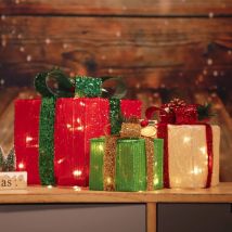 Coocheer - Lot de 3 Décorations de boîtes lumineuses de Noël avec 60 lumières led, Trois coffrets cadeaux lumineux de différentes tailles, décoration