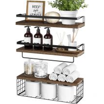 Lot de 3 étagères flottantes avec panier de rangement, étagères murales en bois rustique pour salle de bain, chambre, salon, cuisine (marron) Rapanda