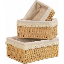 Lot de 3 Panier en Osier Rangement, Petit Corbeille Osier Rectangulaire avec Tissu en Lin, Boite Rangement Tressé Pour Maison, Chambre à Coucher,