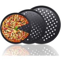 Shining House - Lot de 3 plaques de cuisson à pizza rondes antiadhésives avec trous perforés - 24 cm, 28 cm, 32 cm - En acier carbone - Pour la