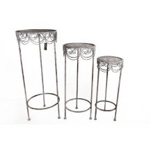 Pier Import - Lot de 3 sellettes rondes métal grisé vieilli décor arabesques 72x32cm