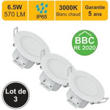Lot de 3 spots led encastrable bbc (RT2012) IP65 - spécial salle de bain - 6.5W 570 lm 3000K - garantie 5 ans