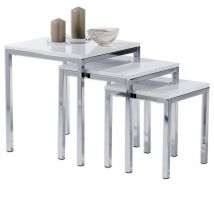 Idimex - Lot de 3 tables gigognes luna, en métal chromé et décor blanc brillant