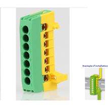 Bornier Barrette Vert-jaune isolée - 63A - 7 trous ( 7x16 mm² ) montage rail din