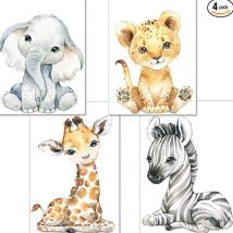 Lot de 4 Affiches Chambre Bébé - Format A4 Tigre & Girafe Zèbre, Décor Garçon & Fille, 2130cm. - Ahlsen