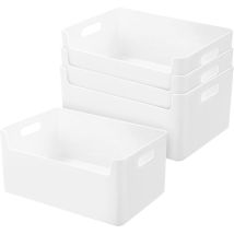 Lot de 4 boîtes de rangement en plastique pour cuisine et salle de bain 25 cm Panier de rangement à fond avant Boîtes de rangement blanches,