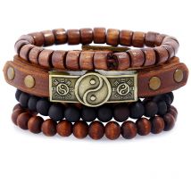 Fei Yu - Lot de 4 bracelets en cuir faits main pour hommes avec boules en bois et pierres