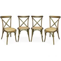 Sweeek - Lot de 4 chaises de bistrot en bois d'hévéa marron vieilli. vintage. assise en rotin. empilables