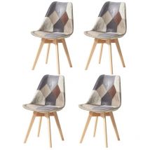 Wokaka - Lot de 4 Chaises - Lin - Pieds en Hêtre Massif - Chaises Rembourrées Design Vintage Patchwork Multicolore(brun)