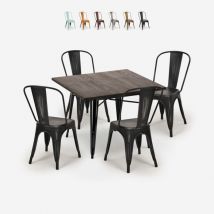Ensemble 4 chaises style vintage table à manger 80x80cm bois métal burton black - Noir