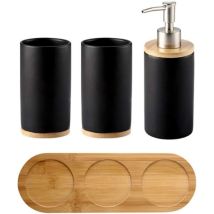 Lot De 4 Ensemble D'Accessoires De Salle De Bain En Céramique, Porte-brosse À Dents, Distributeur De Savon, Gobelet, Plateau En Bambou