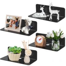 Lot de 4 Etagere Murale Noir, Etagere Murale sans Percage en Acrylique, Etagere Salle de Bain, Etagères Murales avec Trous de Câble pour Salle de