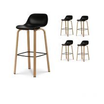 Lot de 4 tabourets de bar noir style scandinave avec pieds effet bois en métal - Hauteur 76cm