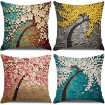Lot de 4 taies d'oreiller à motifs de fleurs et de plantes, taies d'oreiller en coton et lin