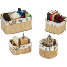 Lot de 4 corbeilles, quatre tailles différentes, bambou, mdf, polyester, salle bain, nature et crème - Relaxdays