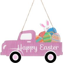 Lot de 5 panneaux en bois Joyeuses Pâques Panneaux de porte à suspendre Camion avec œufs et lapin Décorations printanières Plaques murales de