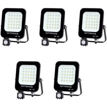 Optonica - Lot de 5 Projecteurs led Noirs 20W (100W) à Détecteur IP65 1800lm - Blanc du Jour 6000K
