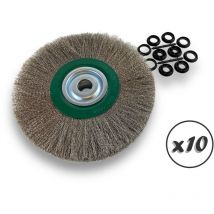 Kibros - Lot de 10 brosses circulaires inox ø 300 mm Epaisseur 3 rangs Fil dur 0.30 mm ondulé Alésage 32 mm + réducteur bague 25/22/20/16/12 mm
