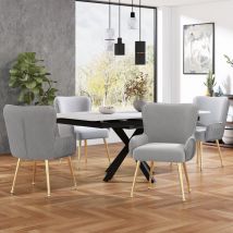 Lot de 4 Chaises en velours - avec accoudoirs et pieds en métal doré - Gris & Doré
