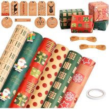 Lot de 6 feuilles de papier cadeau de No毛l, 50 x 70 cm, papier d'emballage cadeau kraft recycl茅, papier cadeau de No毛l, papier d'emballage cadeau