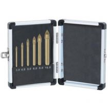 Lot de 6 forets à ailettes plaqués titane en valisette alu pour verre