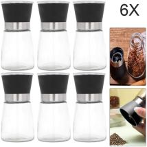 Lot de 6 moulins à sel et à poivre - Moulin à épices manuel - En verre - Également utilisé comme moulin à piment pour diverses épices - Noir (180 ml)