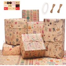 Lot de 6 rouleaux de papier cadeau d'anniversaire recyclable avec ruban adhésif double face et corde de paille de 10 m - Papier cadeau marron pour